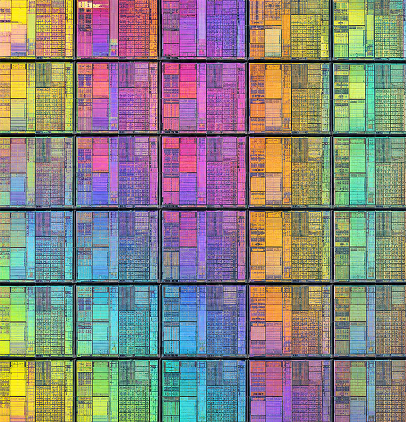 Close-up view of a semiconductor wafer